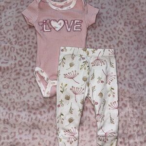 Pink 'Love' Ribbed Bodysuit & Floral Leggings Set
